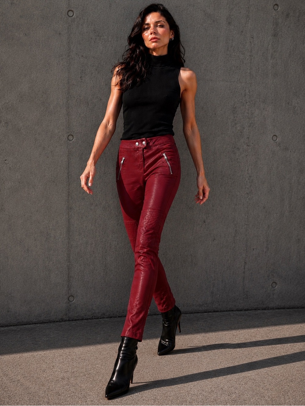 Isabel Marant × H&M Waxed Moto Biker Chic Skinny Pants Burgundy Wine Size 4 NWT
